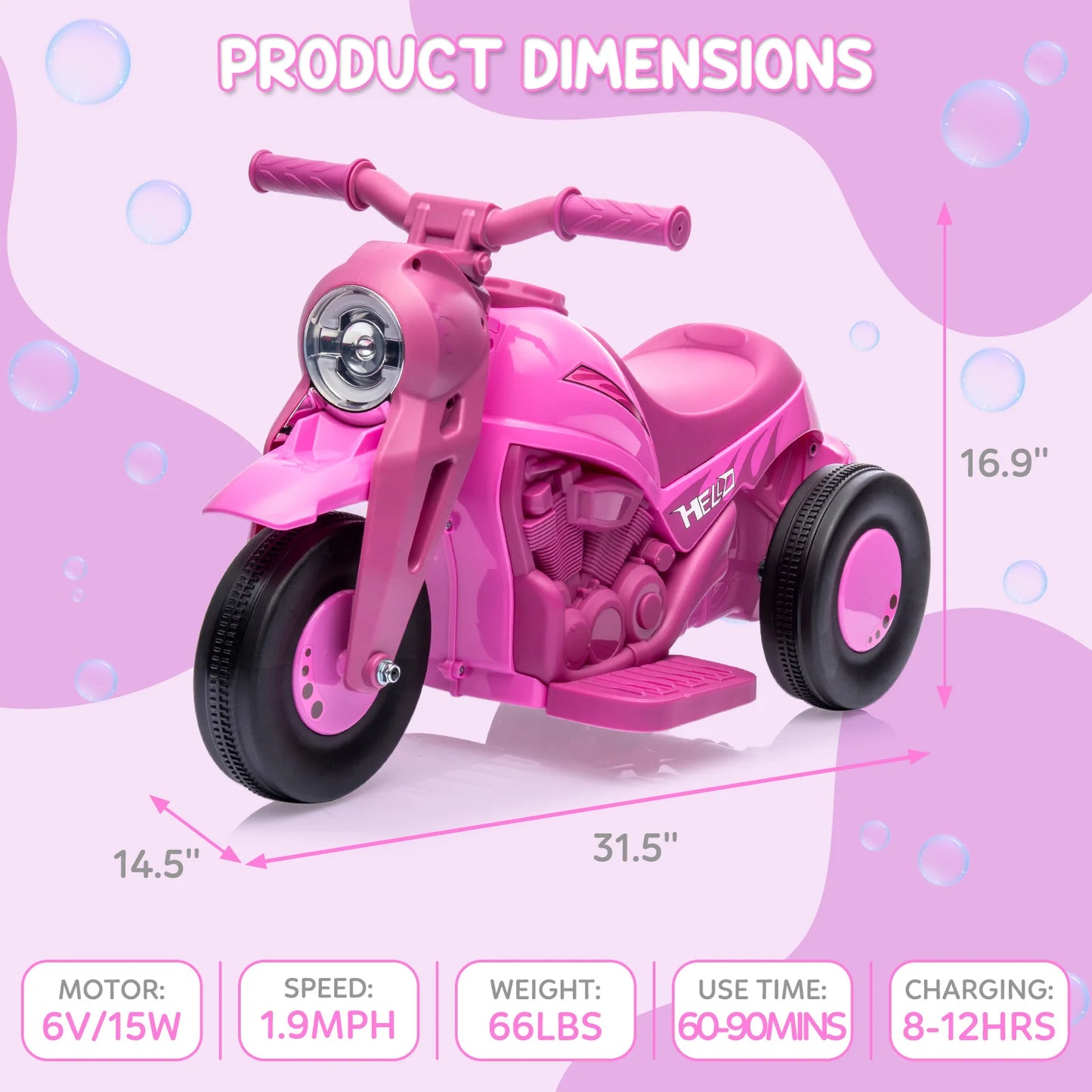 Kids Ride on, 6V Battery Powered Electric Motorcycle 1.9 MPH Speed w/LED Headlights, Music, Pedal, Forward/Reserve,