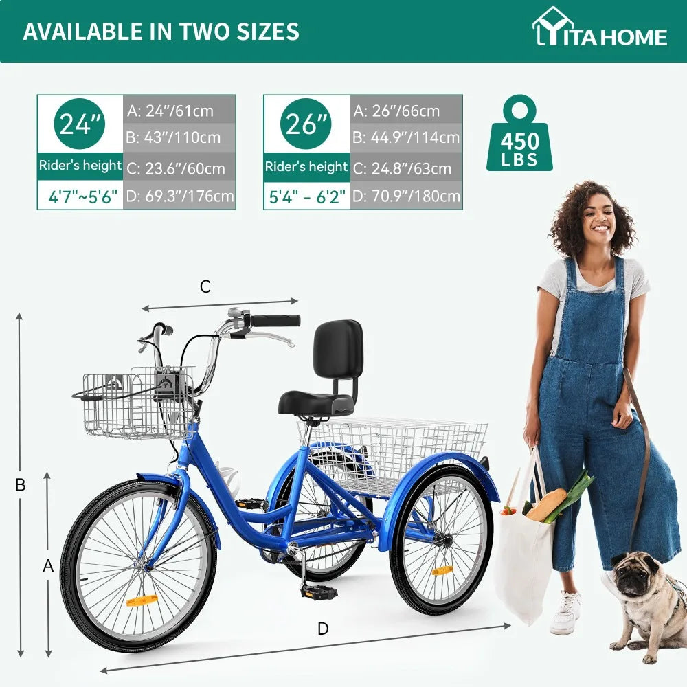 New Adult Tricycle, 24 & 26 Inch 3 Wheel Bikes, 1 Speed  Bike for Adults with Removable Baskets,