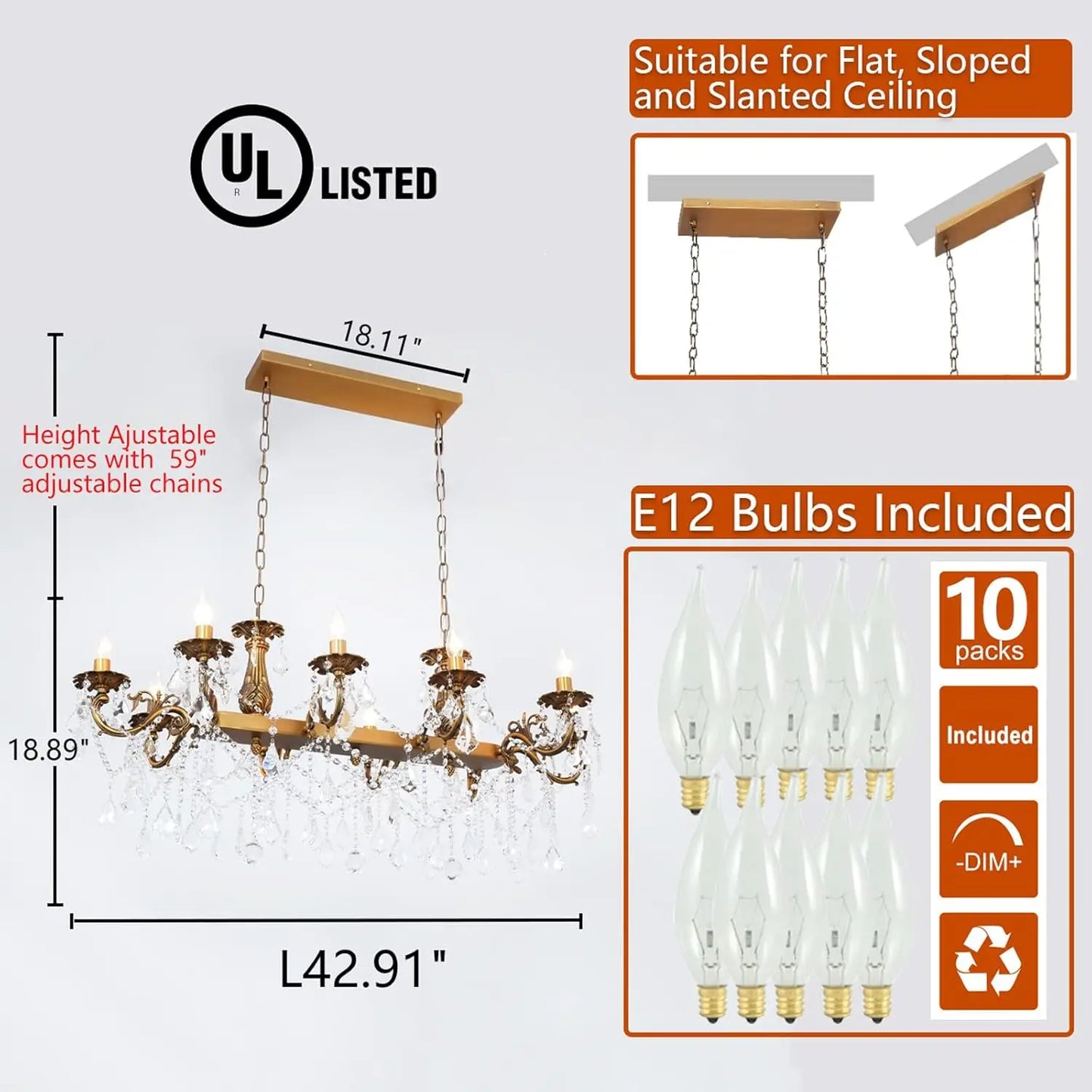 Chandelier Island Lighting 10 Lights Candle Rectangle Hanging Ceiling Pendant Light