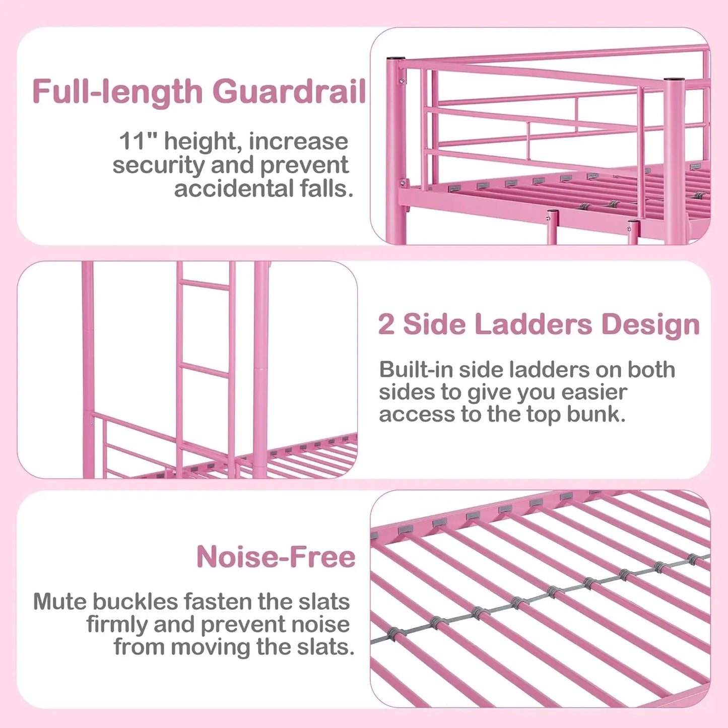 Metal Bunk Bed Twin Over Twin, Industrial with Ladder and Full-Length Guardrail, Noise Free, No Boxing Spring