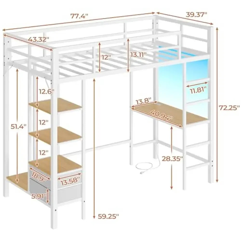 Metal Twin Loft Bed with Desk Charging Station LED Lights Storage Shelves Drawers Guard Rails 400lb