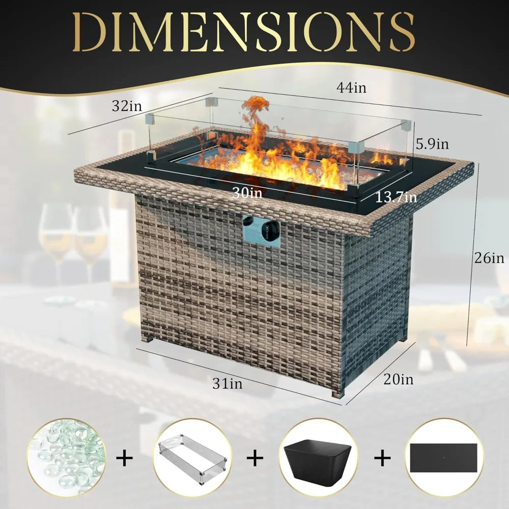 44-Inch Fire Pit Table, Glass Top, Hand Weave Rattan, Wind Guard, Waterproof Cover,