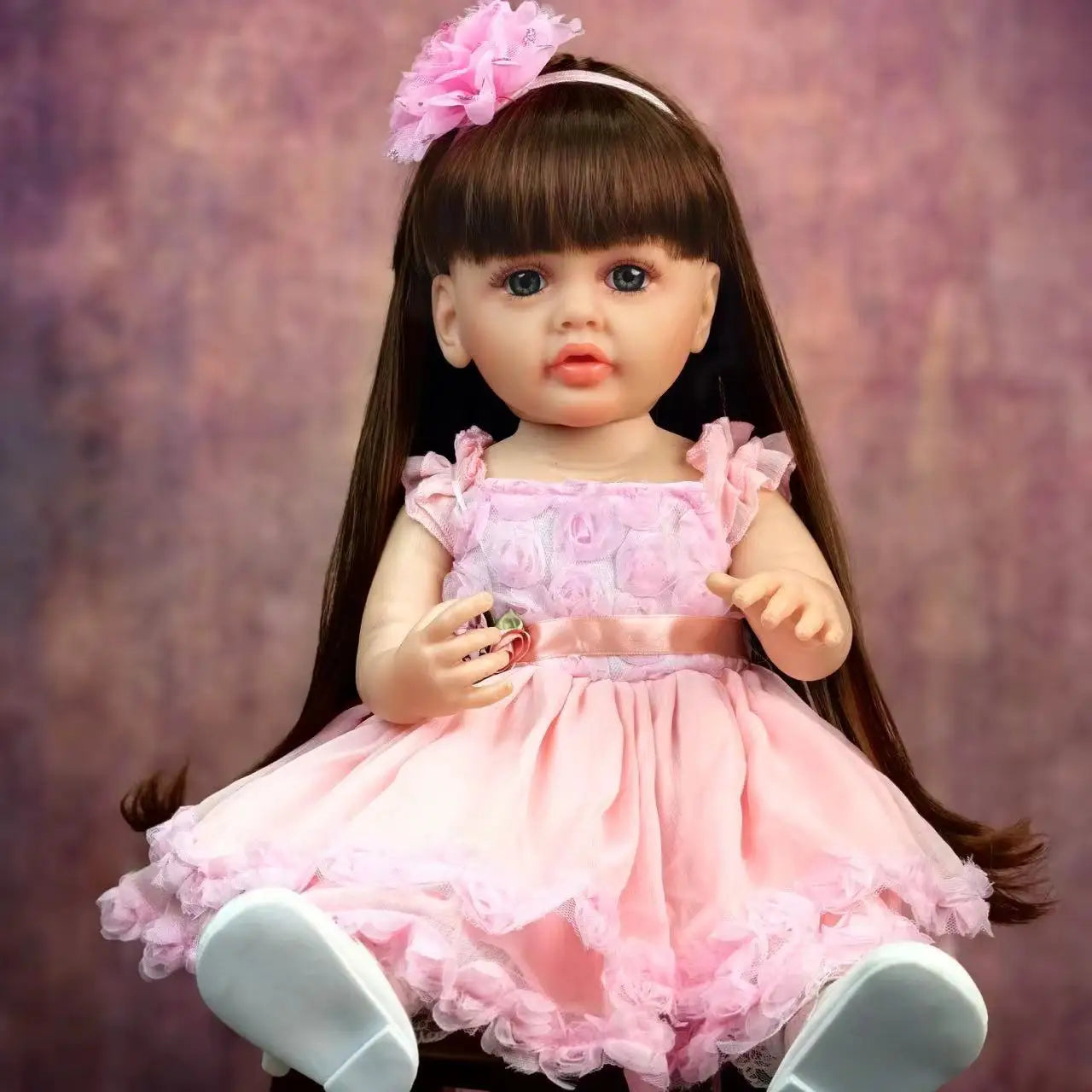 Reborn Baby Doll Realistic 55 cm Full Silicone Vinyl Body Long Brown Hair