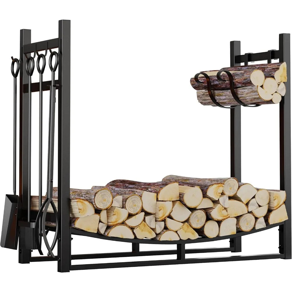 Fireplace Log Rack with Kindling Holder Firewood  Storage