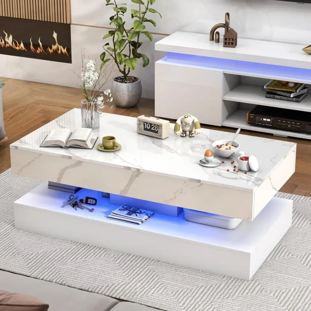 Glossy LED Coffee Table  Living Room Storage Tables with Marbling Print,  Double-Layer