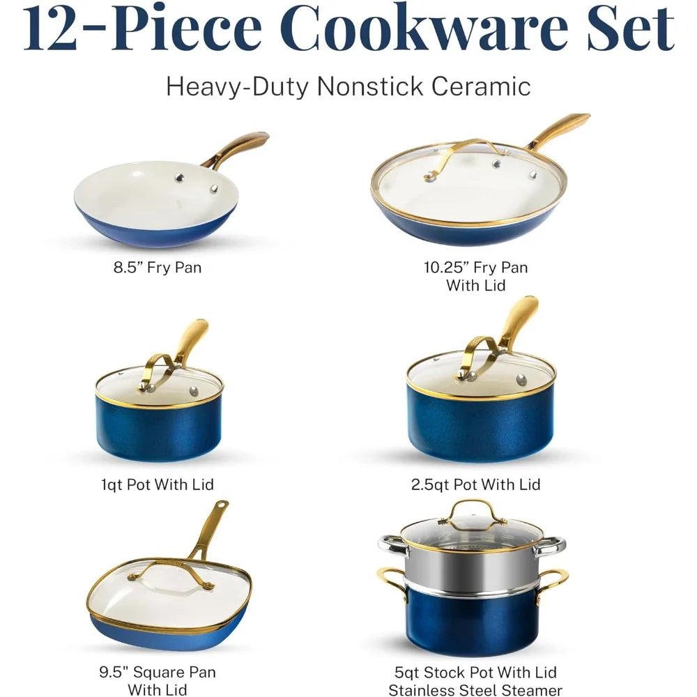 12 Pc Ceramic Pots and Pans Set Non Stick, Kitchen Cookware Sets,