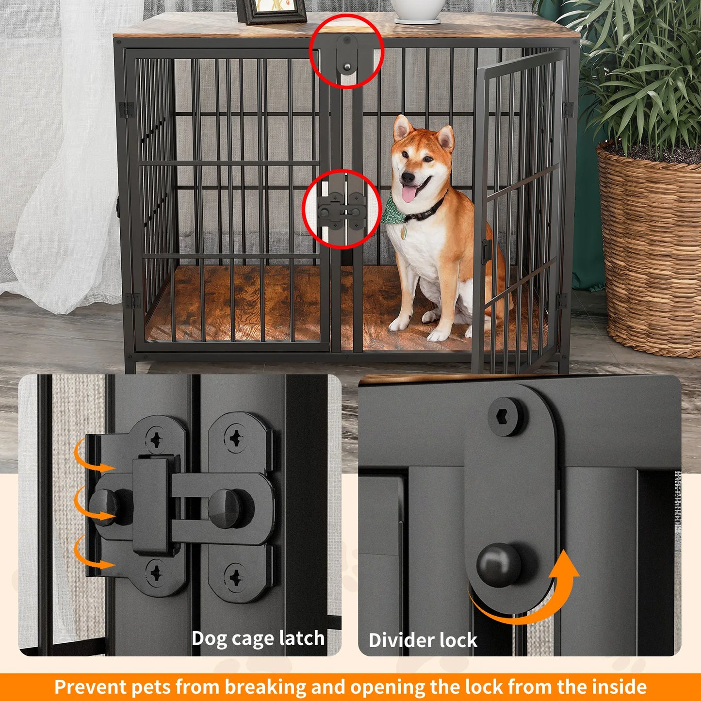 Heavy Duty Dog House End Table Furniture with Four Doors and Lock Latches Divider Wood