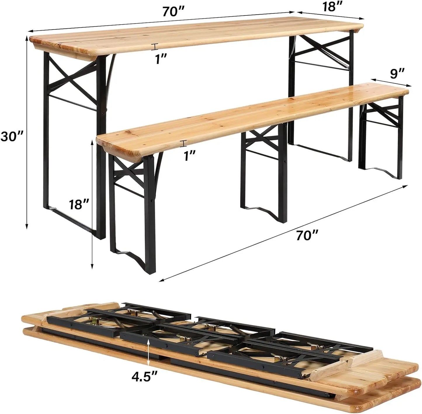 Folding Picnic Tables with Benches Set, Weather-Resistant Wooden Beer Garden Table
