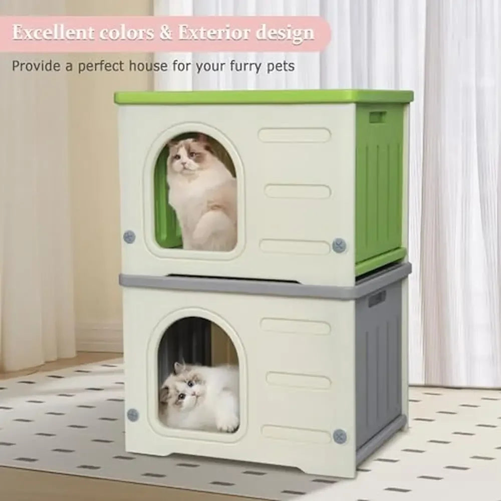 Outdoor Weatherproof Cat House  Shelter Stackable Design Spacious Indoor/Outdoor