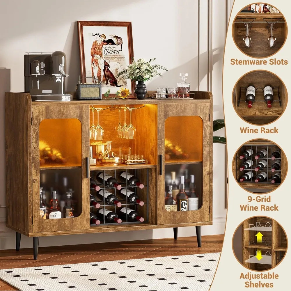 Wine Bar Cabinet with Power Outlet, Liquor Cabinet Bar LED Light and Glass Holder, Home Coffee Bar