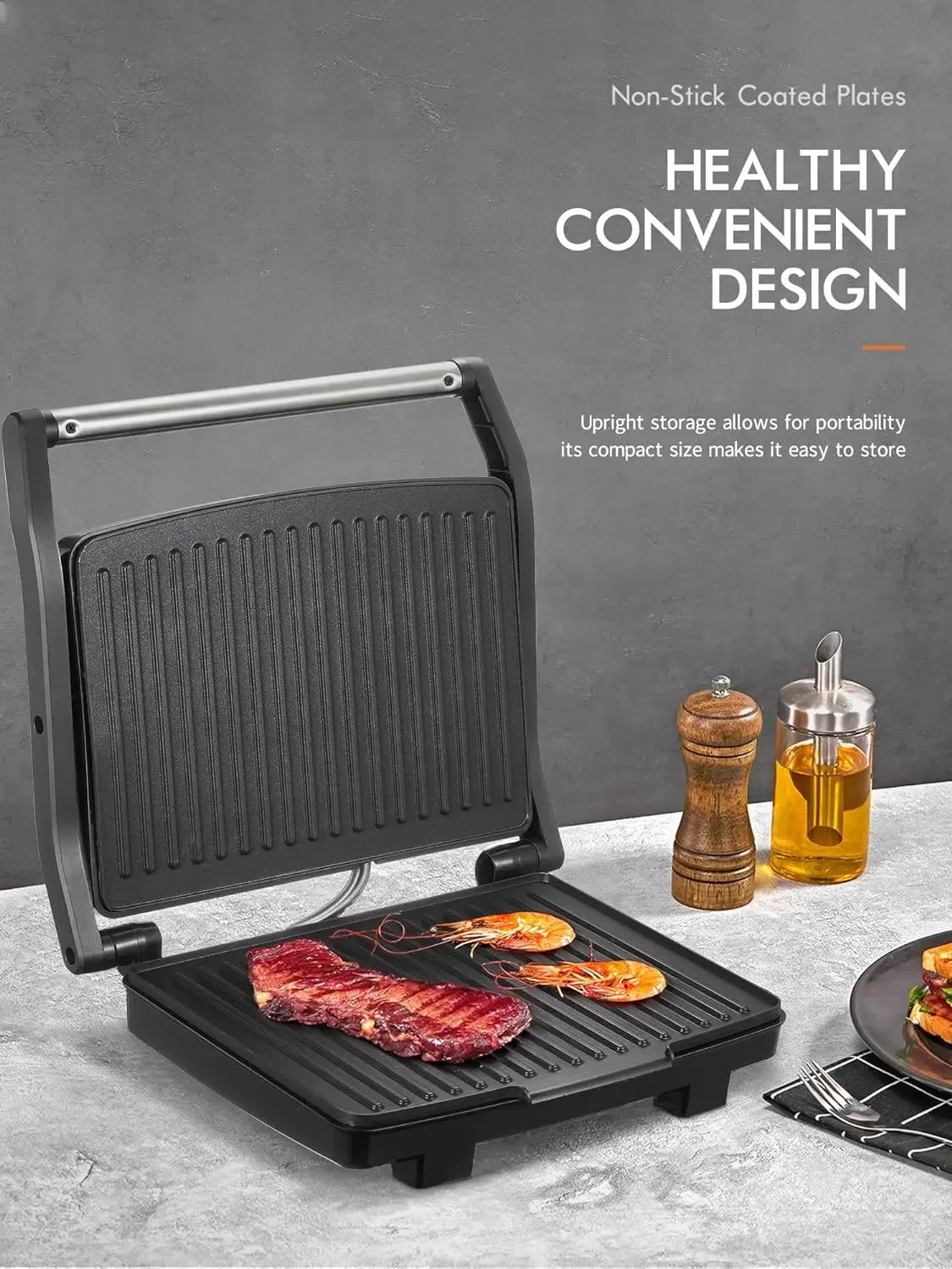 Panini Press Grill, Gourmet Sandwich Maker, Electric Indoor Grill with Non-Stick and Removable Drip Tray