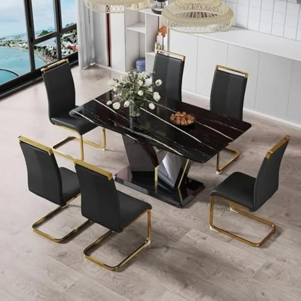 7 Pieces Modern Black Dining Table Set  Marble Table Chair Set of 6  Leather