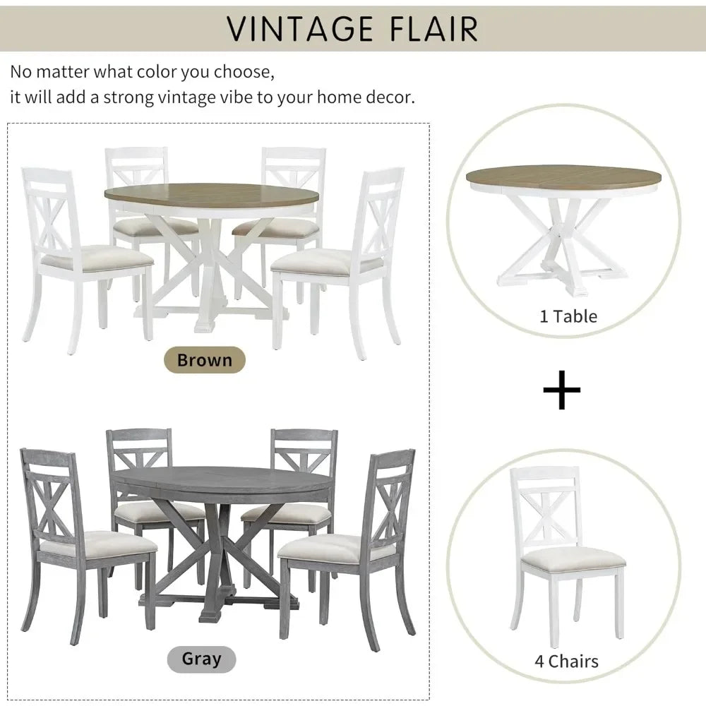 Dining Table Set 5-Piece with Round Table and 4 Upholstered Chairs,