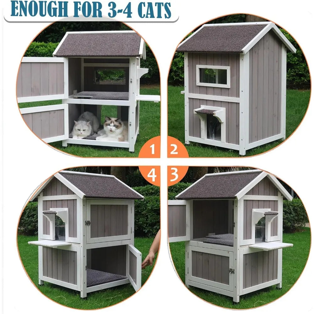 Outdoor Cat House, Large for Feral Cats Wooden Outside Cat Shelter Weatherproof