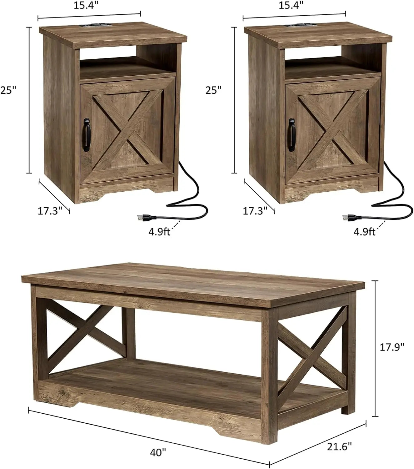 3-Piece Table Set Includes Coffee Table& Two End Tables, Side Table with Charging Station