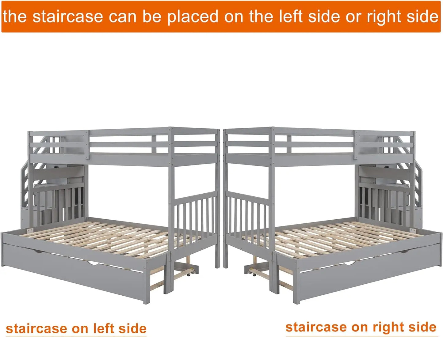 Twin Over Twin/Full Bunk Bed with Stairs Storage and , Solid Wood Stairway Triple Bunkbed, Detachable into 2 Platform