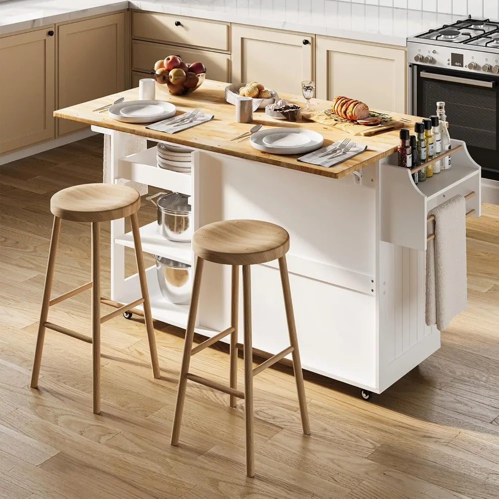 Rolling Kitchen Island with Drop Leaf, 60.6" Width Wood Countertop ,Kitchen Carts