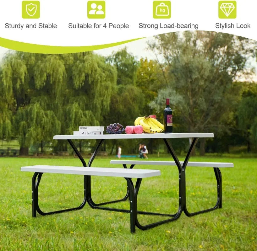 Picnic Table and Bench Easy to Assemble w/All Weather Wood Tabletop & Metal Frame