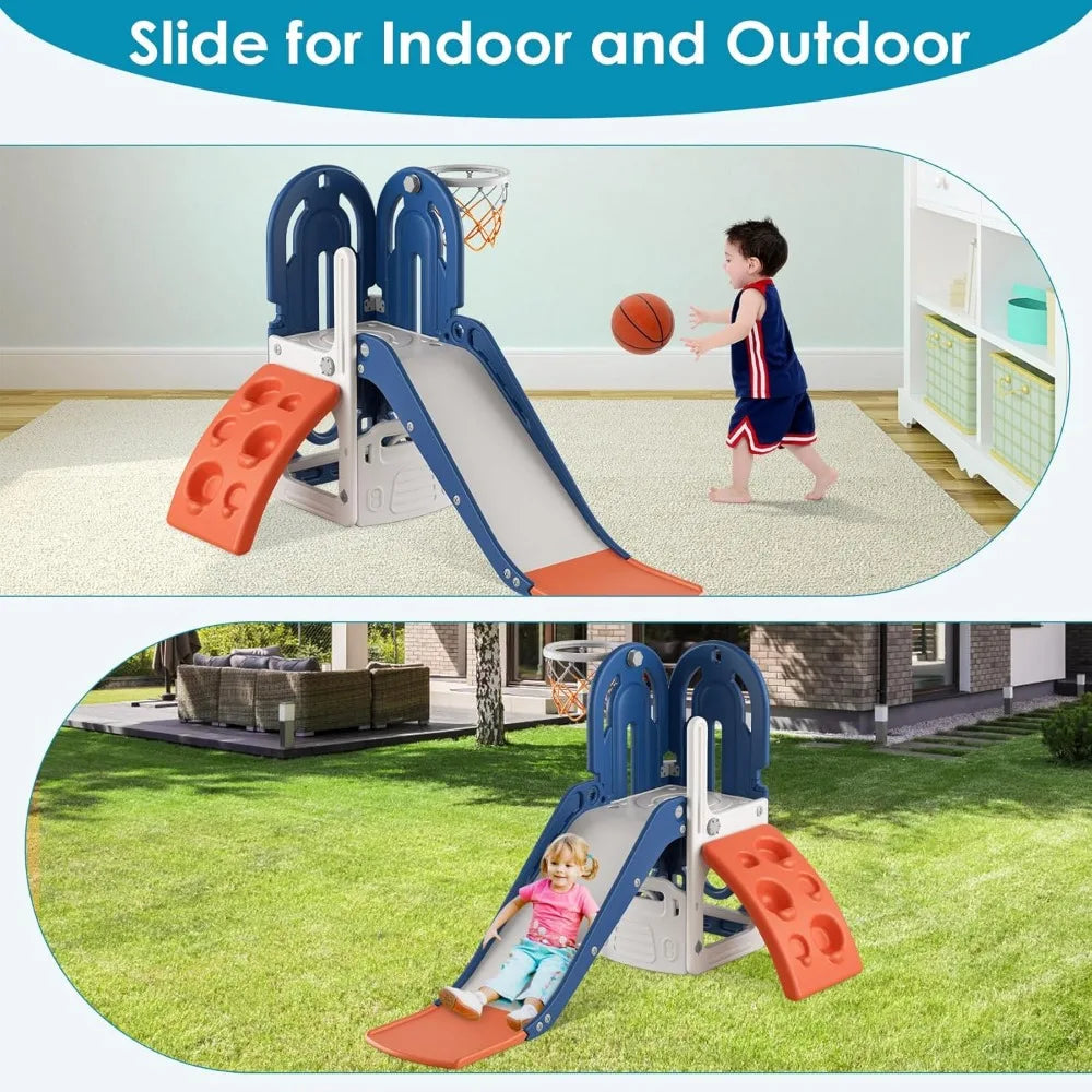 4 in 1 Toddler Slide, Slide with Basketball Hoop and Ball, Indoor Outdoor