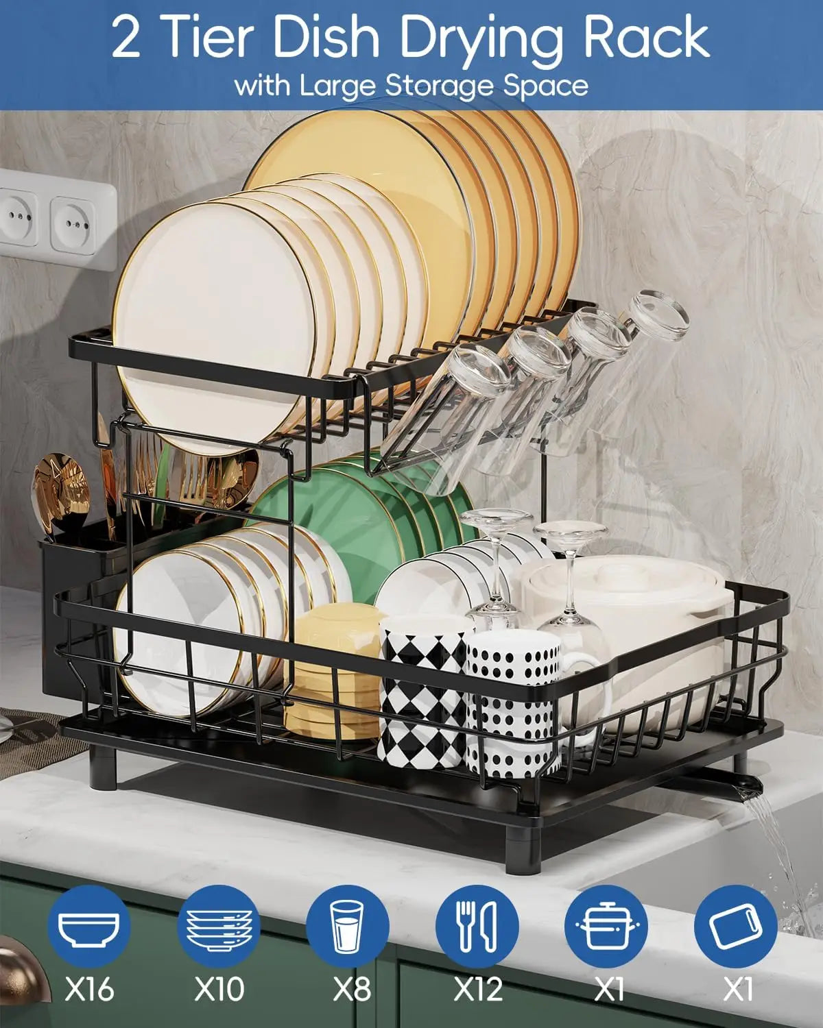 2 Tier Dish Drying Rack Multifunctional Dish Rack for Kitchen Counter Stainless Steel