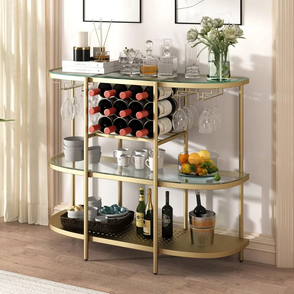 Wine Rack Table with Glass Holders, 3-Tier Liquor Bar Table,  Coffee Bar Table for Living Room Kitchen