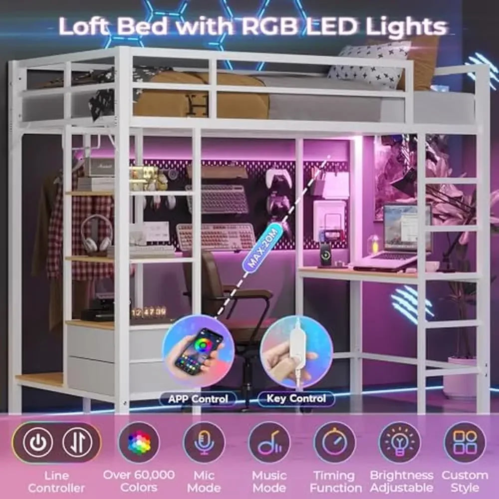 Metal Twin Loft Bed with Desk Charging Station LED Lights Storage Shelves Drawers Guard Rails 400lb