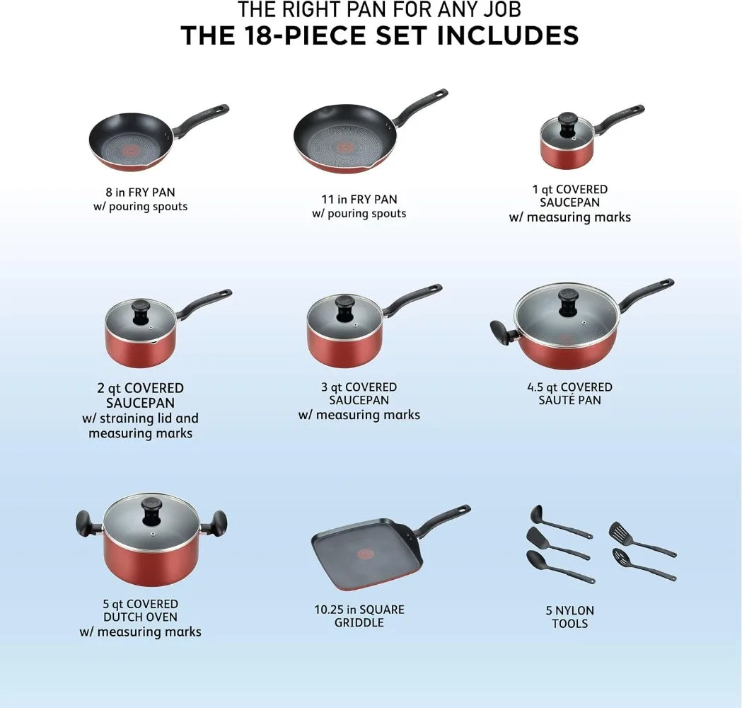 Nonstick Cookware Set 18 Piece, Oven Broiler Safe 350F, Dishwasher Safe, Red