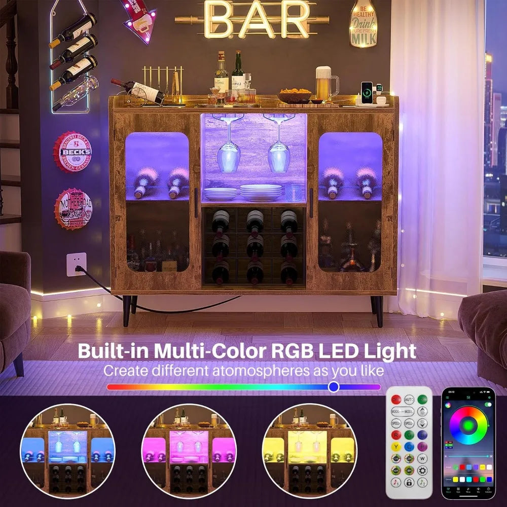 Wine Bar Cabinet with Power Outlet, Liquor Cabinet Bar LED Light and Glass Holder, Home Coffee Bar