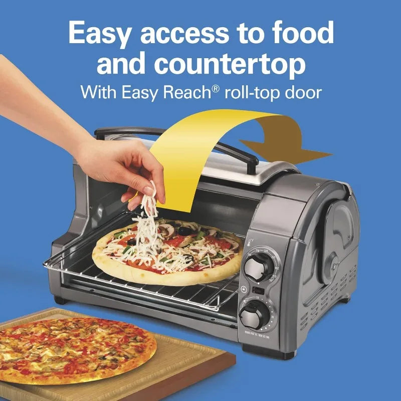 4-slice countertop oven with roll-up door, 1200W, suitable for 9" pizzas, 3 cooking functions