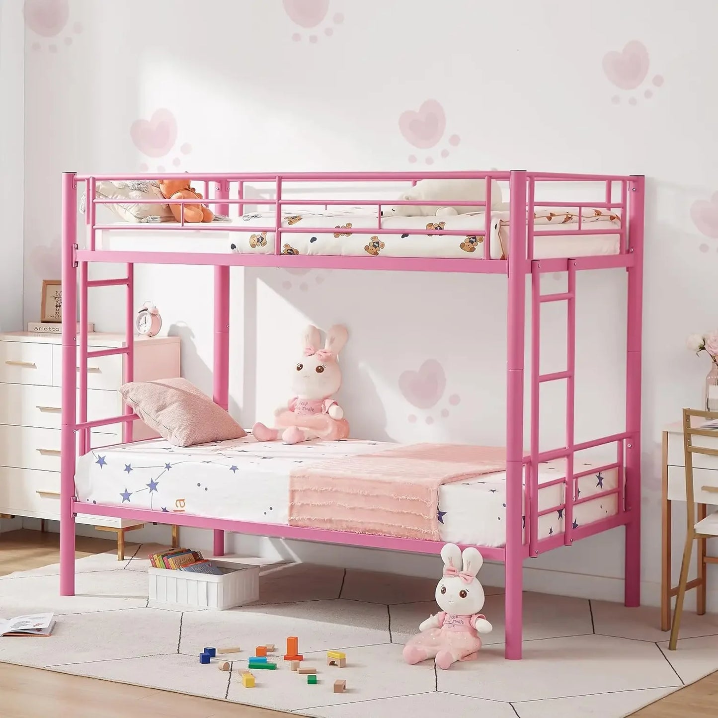 Metal Bunk Bed Twin Over Twin, Industrial with Ladder and Full-Length Guardrail, Noise Free, No Boxing Spring