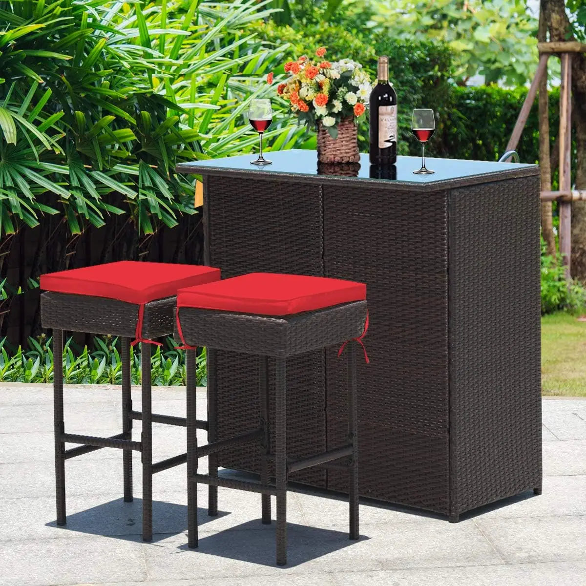 , 3 Piece Outdoor Rattan Wicker Bar Set with 2 Cushions Stools & Glass Top Table, for Patios