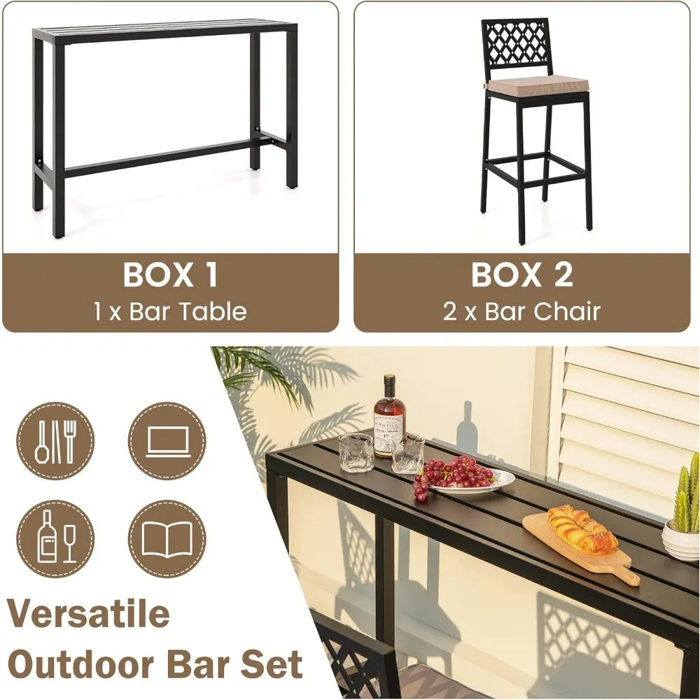 3 Piece Outdoor Bar Table and Chairs Set, 55" Pub Height Bar Table & 2 Cushioned