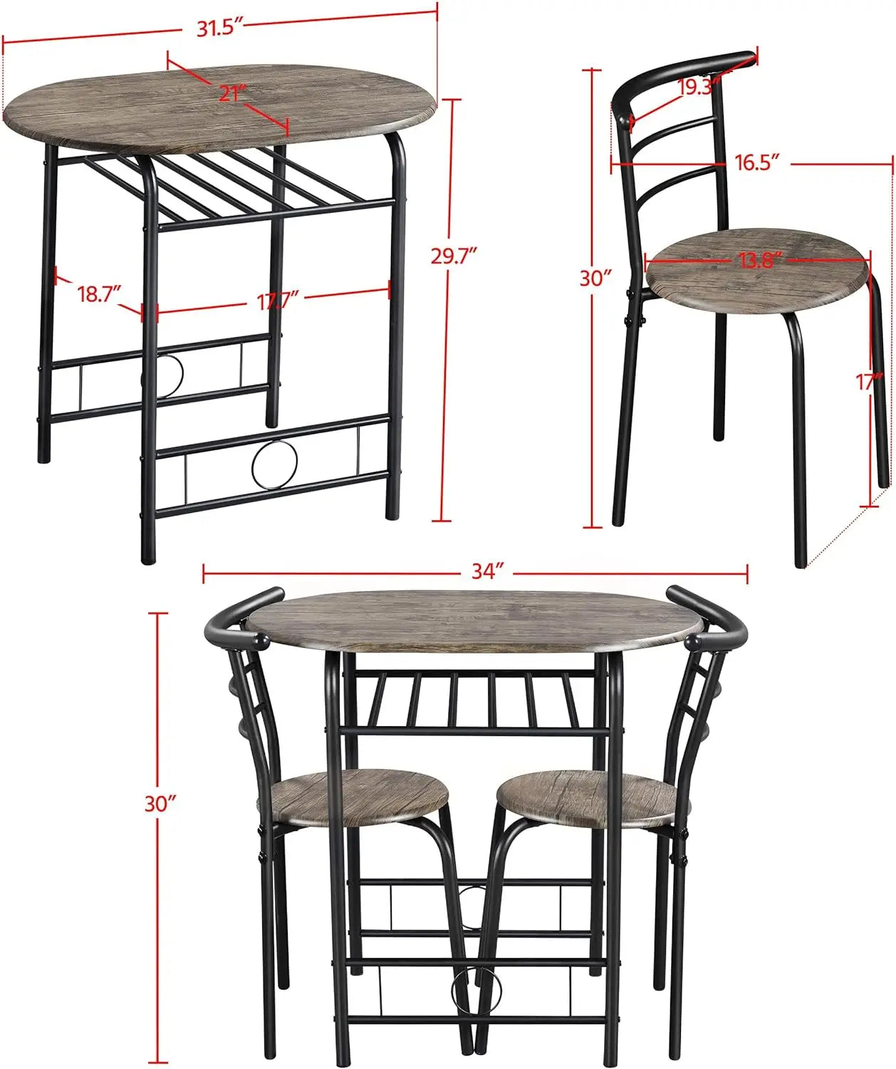 3 Piece Dining Table Set, Kitchen , Compact  Steel Legs, Built-in Wine Rack