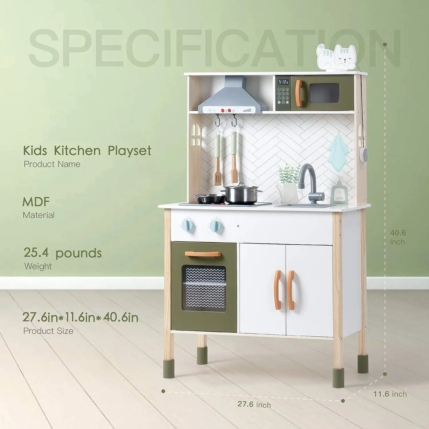 Wooden Play Kitchen with Light Sound Range Hood Kids Plenty of Play Features  Kitchen Set for Girls Boys Ages 3+