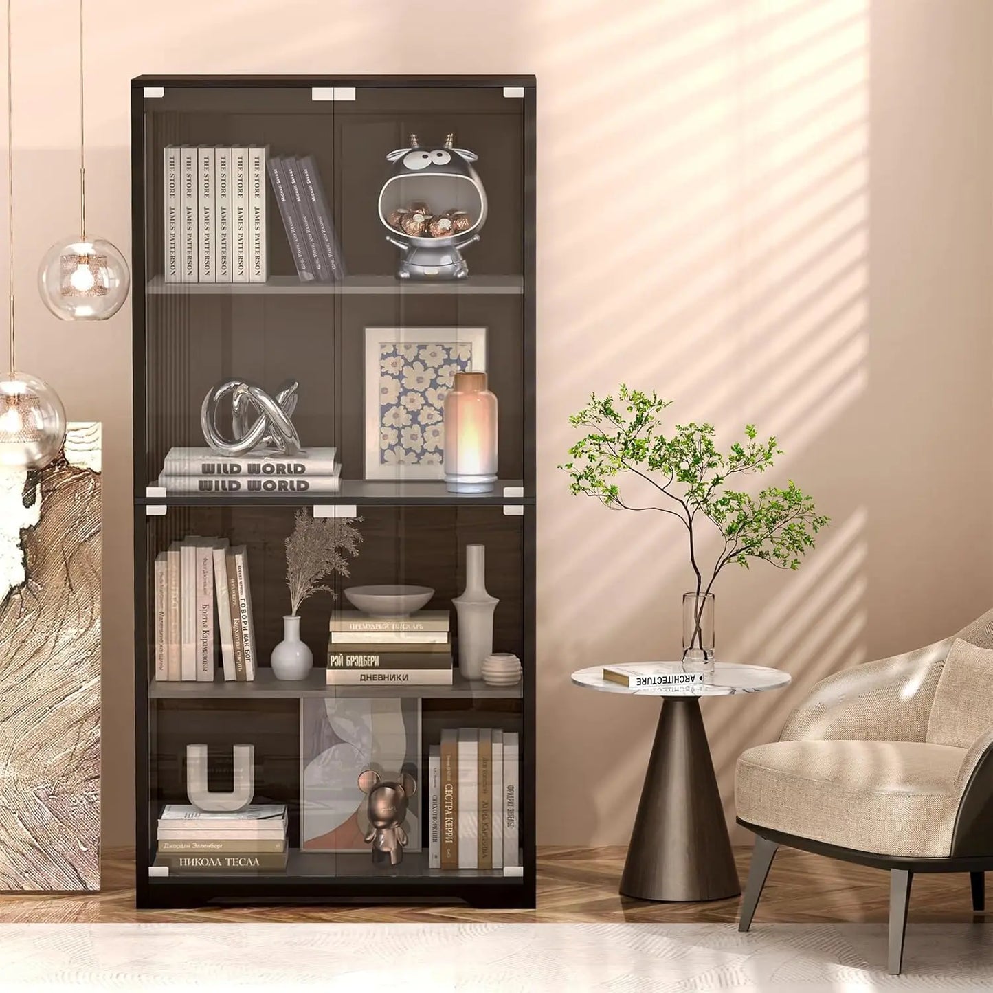 Display Cabinet with Glass Doors, Storage Cabinet with 3 Color Light, 4-Tier  for Collectibles,