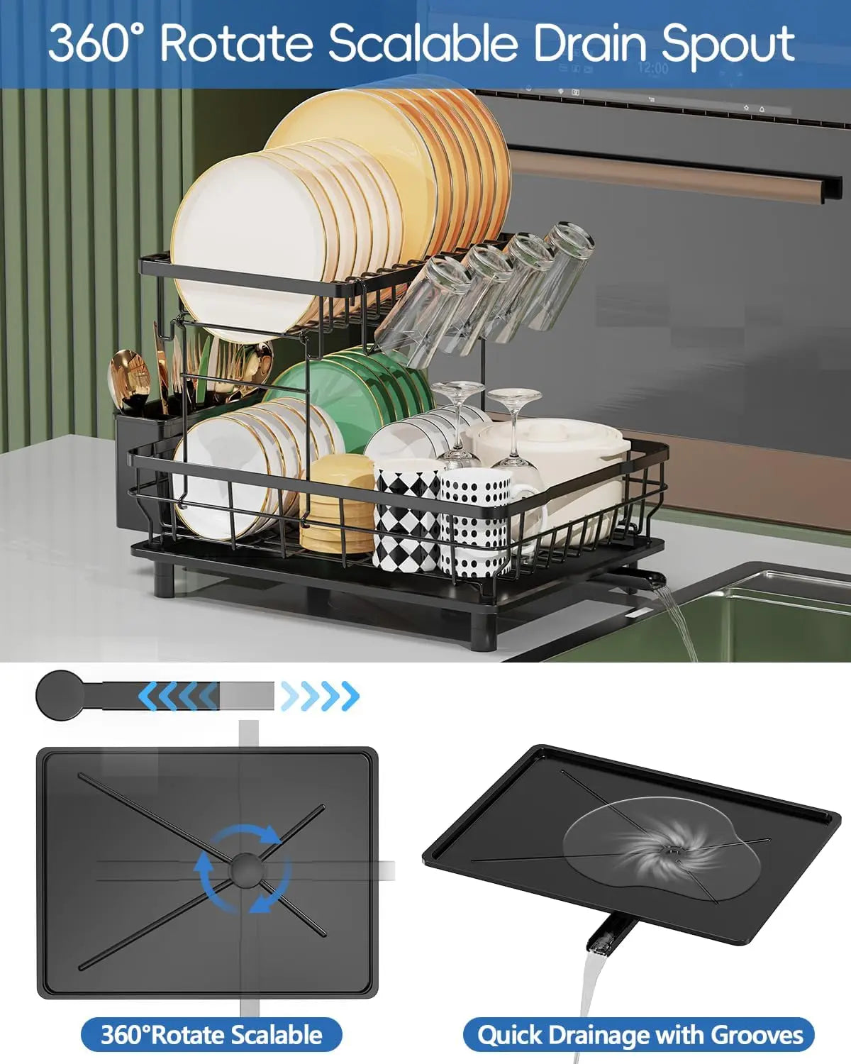 2 Tier Dish Drying Rack Multifunctional Dish Rack for Kitchen Counter Stainless Steel