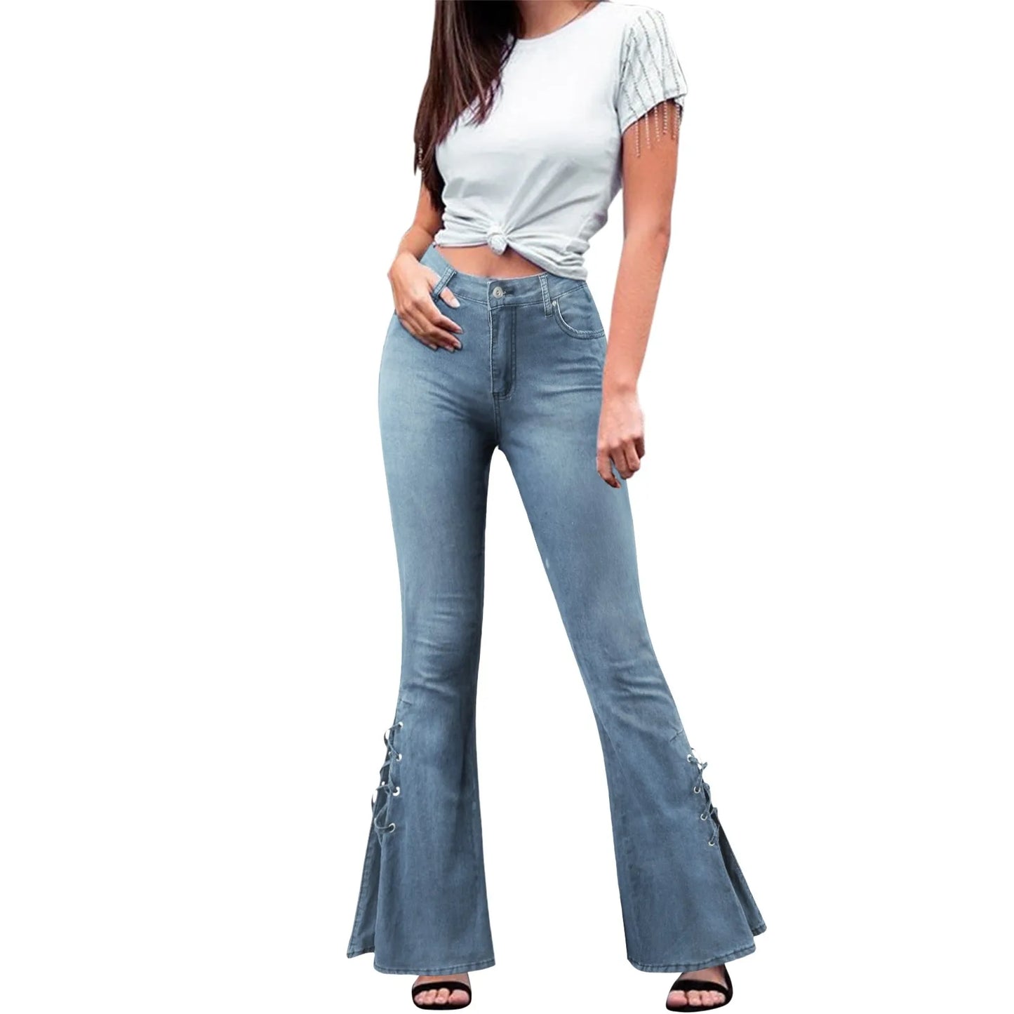 Denim Flared Pants Y2K High Street Lace-Up Jeans Streetwear Women Solid Color