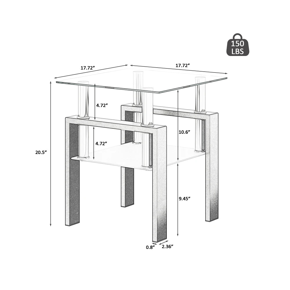 Set of 2, Modern Tempered Glass Tea Table,  End Table, Square for Living Room,