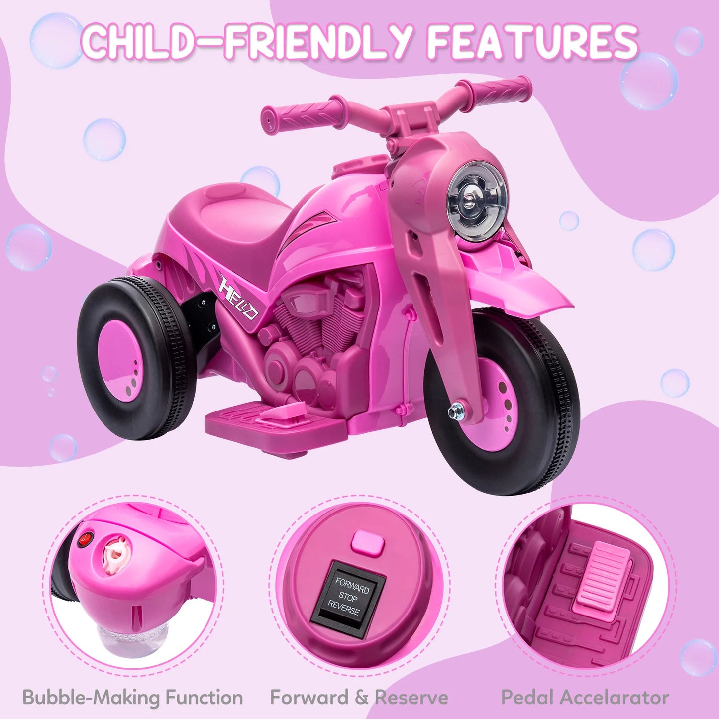 Kids Ride on, 6V Battery Powered Electric Motorcycle 1.9 MPH Speed w/LED Headlights, Music, Pedal, Forward/Reserve,