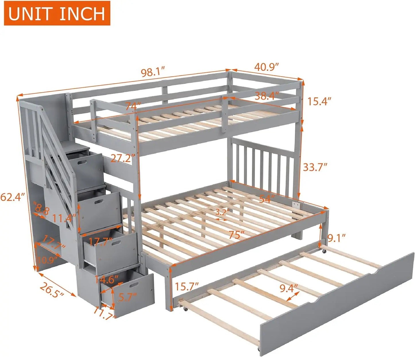 Twin Over Twin/Full Bunk Bed with Stairs Storage and , Solid Wood Stairway Triple Bunkbed, Detachable into 2 Platform