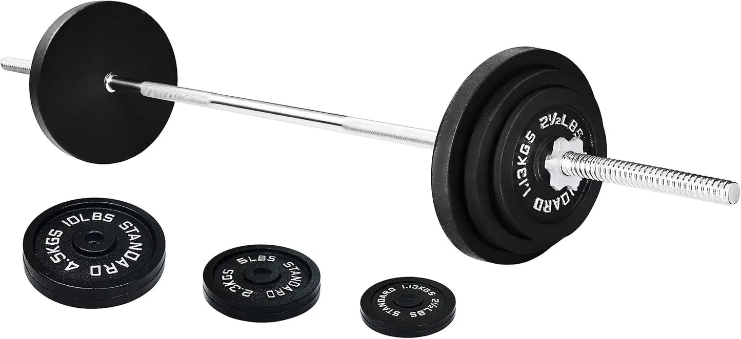 Fitness Cast Iron Standard Weight Plates Including 5FT Standard Barbell with Star Locks, 45-Pound Set