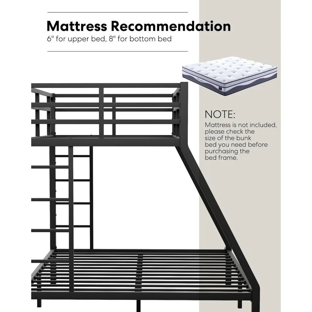 Twin XL Over Queen Bunk Bed, Heavy Duty  Bunk  Safety Side Ladder and Full Length High Guardrail