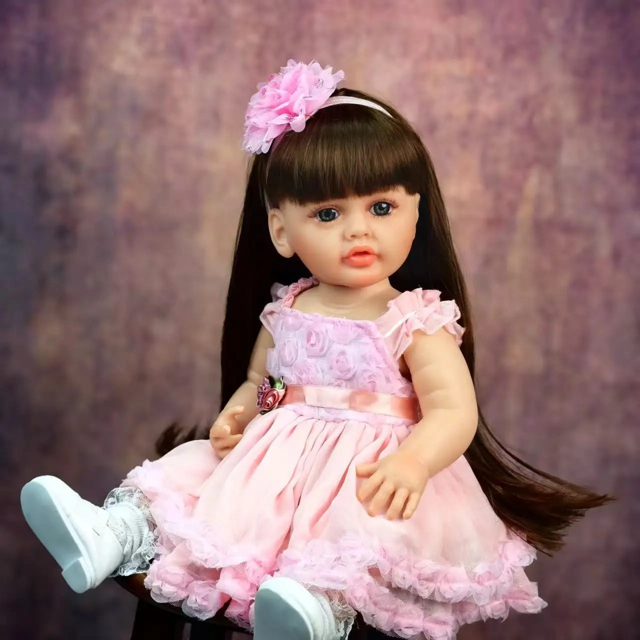 Reborn Baby Doll Realistic 55 cm Full Silicone Vinyl Body Long Brown Hair