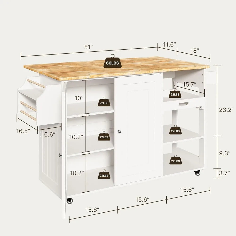 Rolling Kitchen Island with Drop Leaf, 60.6" Width Wood Countertop ,Kitchen Carts