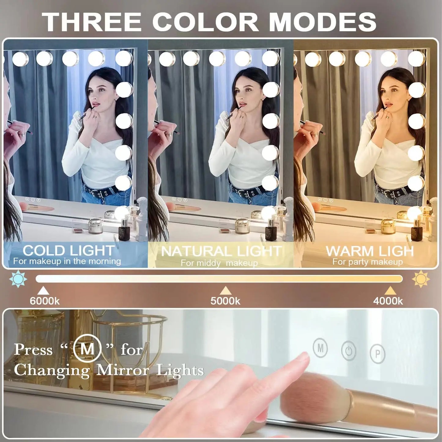 Vanity Mirror with Lights-Large Makeup Mirror Hollywood Lighted  Color Modes, Touch Control,