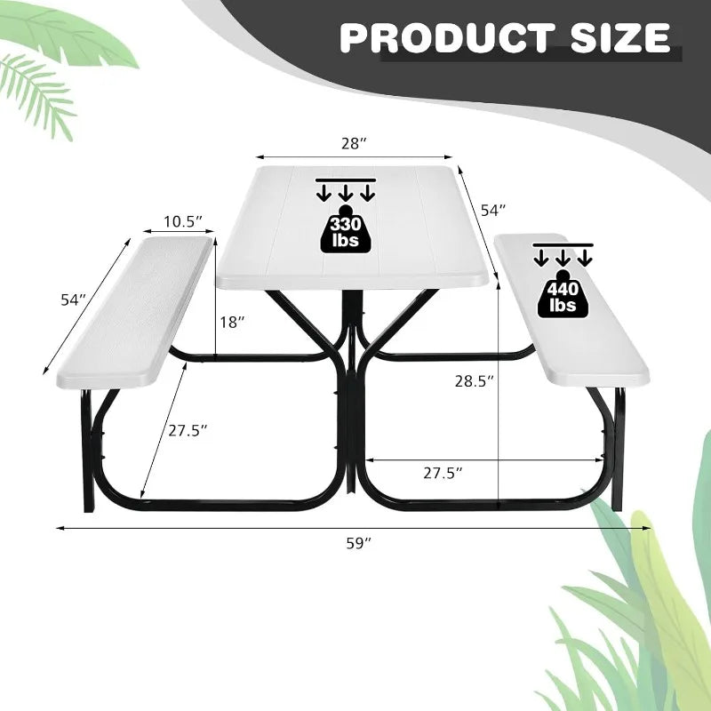 Picnic Table and Bench Easy to Assemble w/All Weather Wood Tabletop & Metal Frame