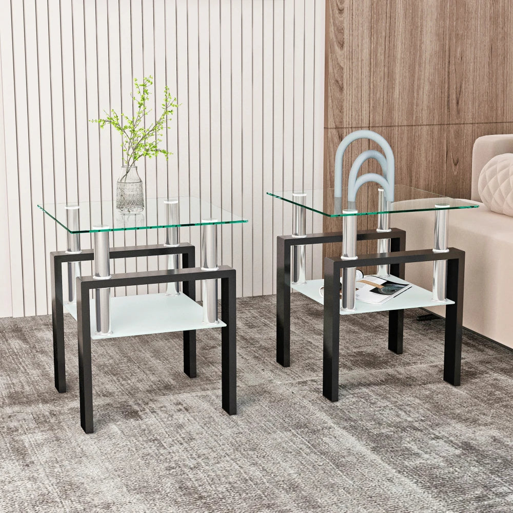 Set of 2, Modern Tempered Glass Tea Table,  End Table, Square for Living Room,