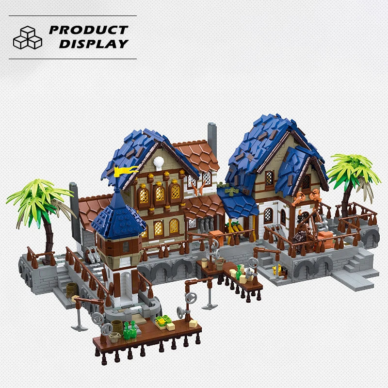 Street View Medieval Harbor Building Block,  House Assembly Model City Bricks With Lights Toys For Kids