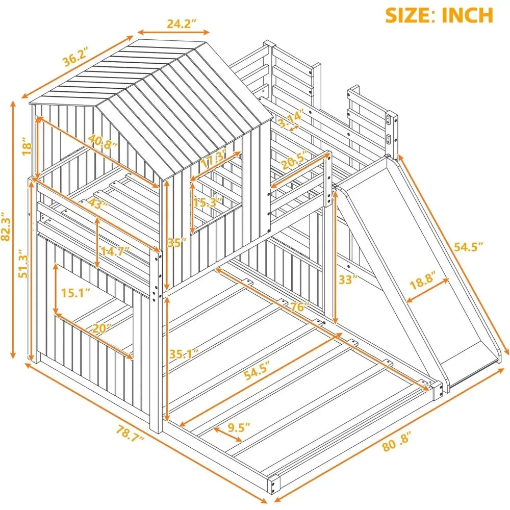 House Bunk Beds with Slide,Wood with Roof and Guard Rail for Kids,Toddlers,No Box Spring