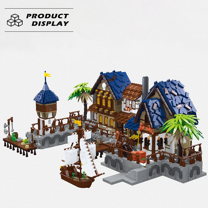 Street View Medieval Harbor Building Block,  House Assembly Model City Bricks With Lights Toys For Kids